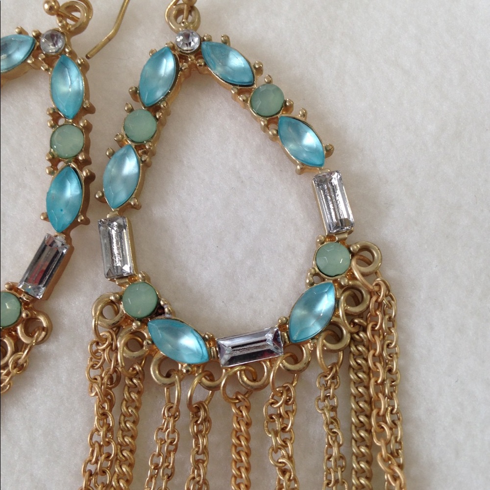 NEW Dangling Chains Earrings Turquoise Dazzling Jeweled Blue Crystals Goldtone - Picture 3 of 10